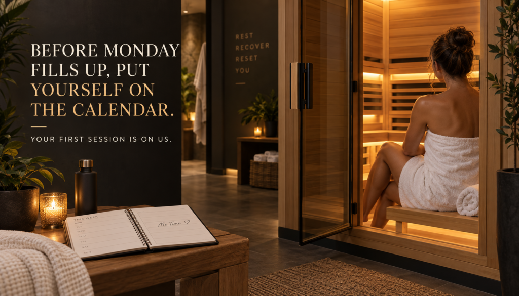 Branded SOLiX Wellness Studio graphic showing a woman wrapped in a white towel seated inside a warmly lit private infrared sauna, with an open weekly planner representing protected personal wellness time.