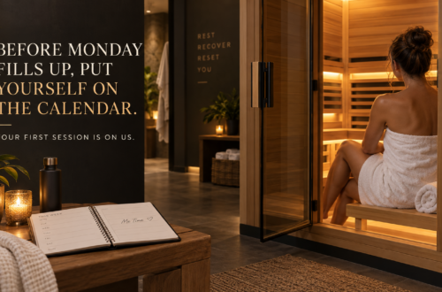 Branded SOLiX Wellness Studio graphic showing a woman wrapped in a white towel seated inside a warmly lit private infrared sauna, with an open weekly planner representing protected personal wellness time.