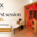 A wooden infrared sauna in a private SOLiX room, beside a chair and mirror. Campaign text: Your first session is on us. Make room to recharge.