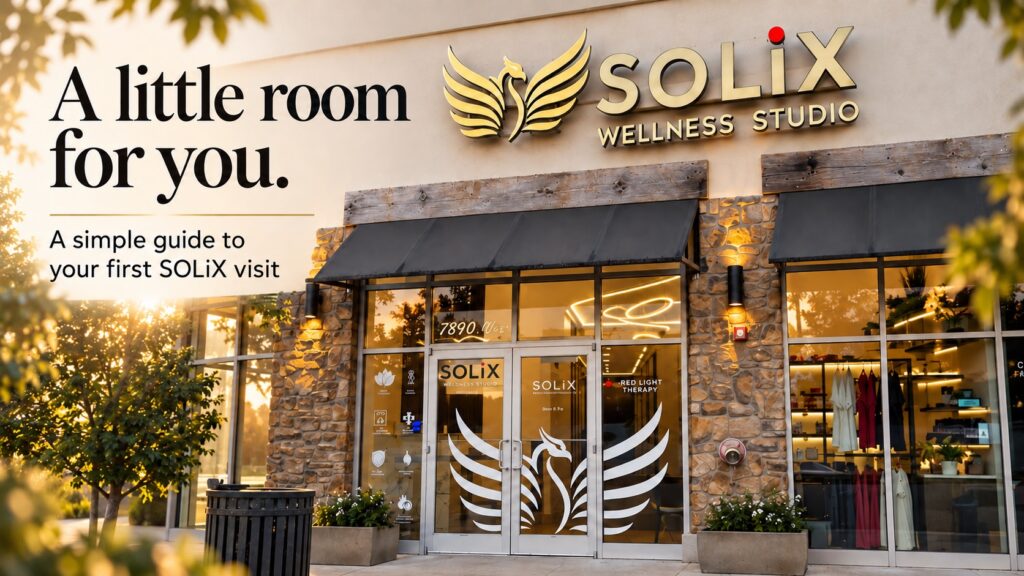 SOLiX storefront with golden phoenix signage. Campaign text: A little room for you. A simple guide to your first SOLiX visit.