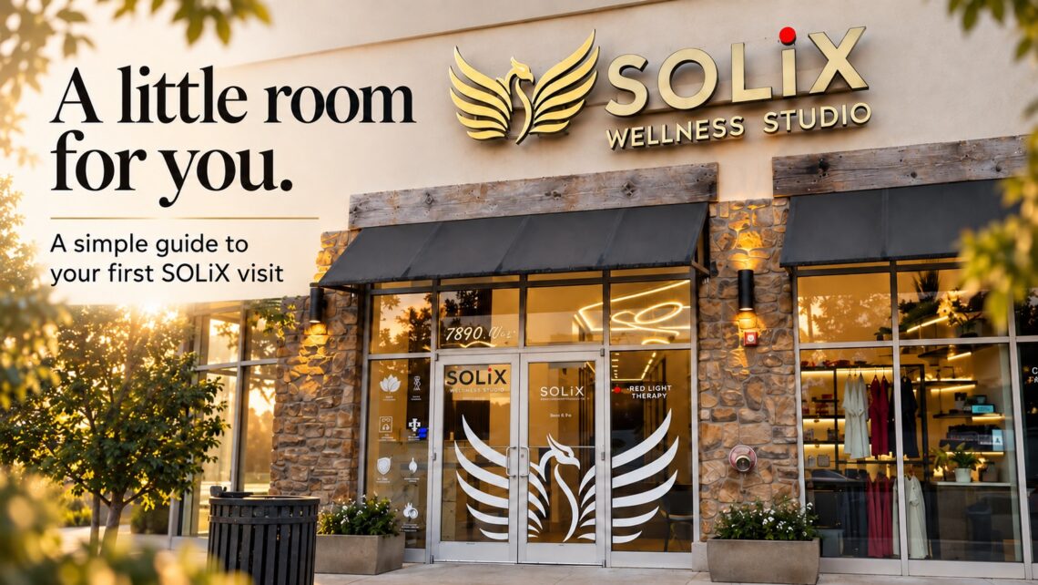 SOLiX storefront with golden phoenix signage. Campaign text: A little room for you. A simple guide to your first SOLiX visit.