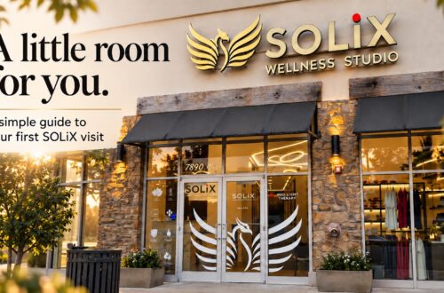 SOLiX storefront with golden phoenix signage. Campaign text: A little room for you. A simple guide to your first SOLiX visit.